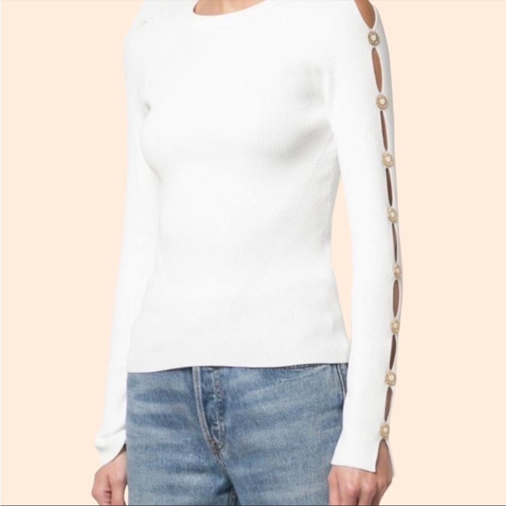 Jonathan Simkhai White CutOut Gold Split Sleeve Top Ribbed Knit